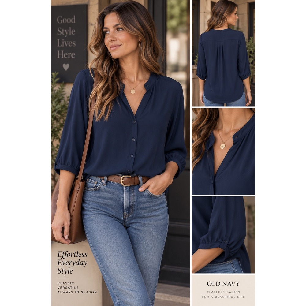 NWT Old Navy Womens Navy Blue Rayon Button Top Medium 3/4 Sleeve 2012 Minimalist